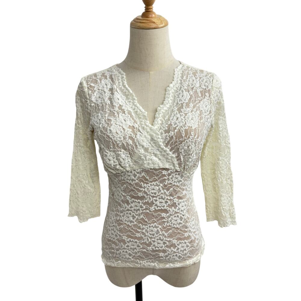 CAbi Lace Crossover V Neck with 3/4 Sleeve with Nude Liner, Size M